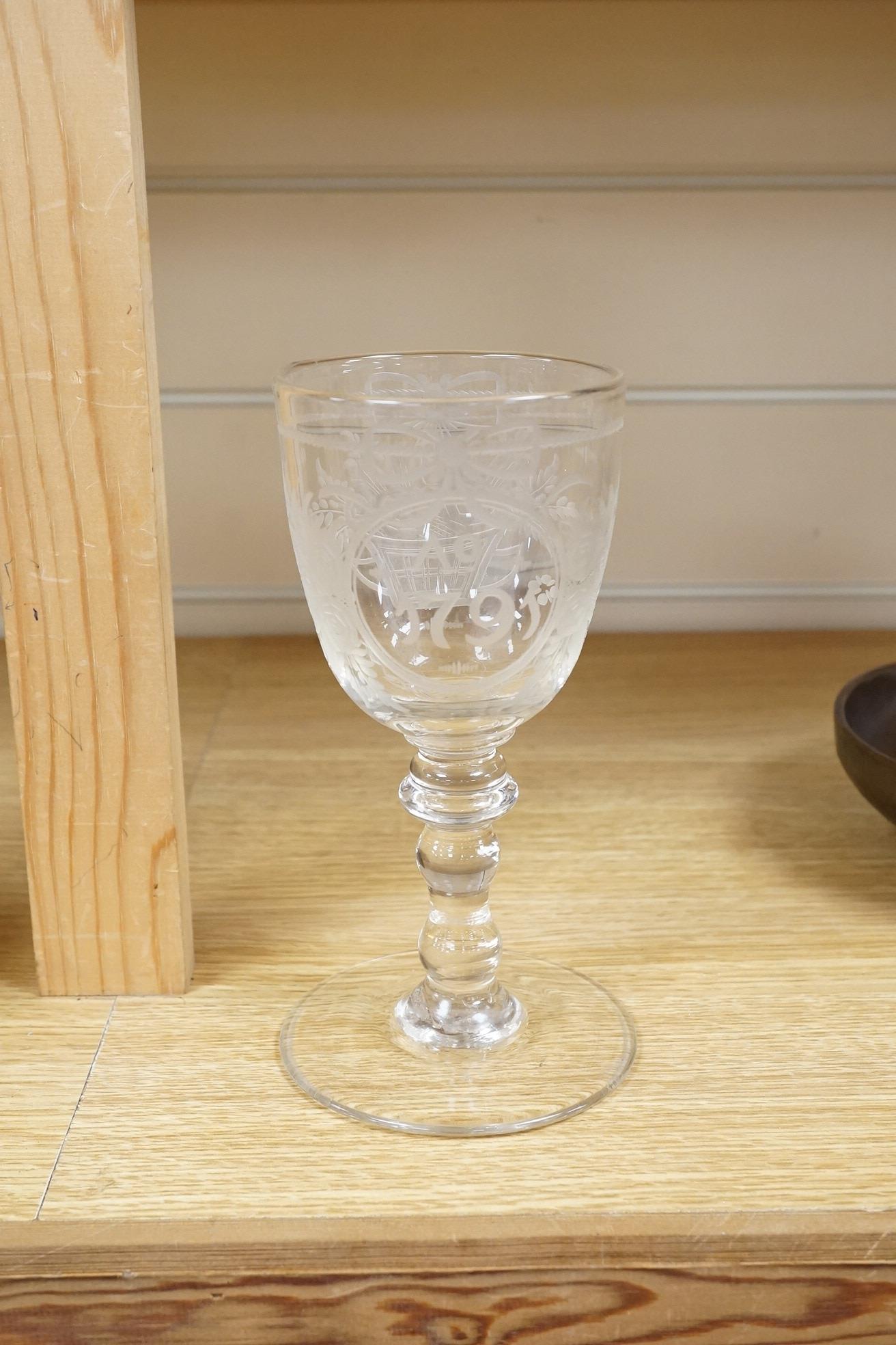 A Continental drinking glass, probably German, engraved date 1791, 19cm high